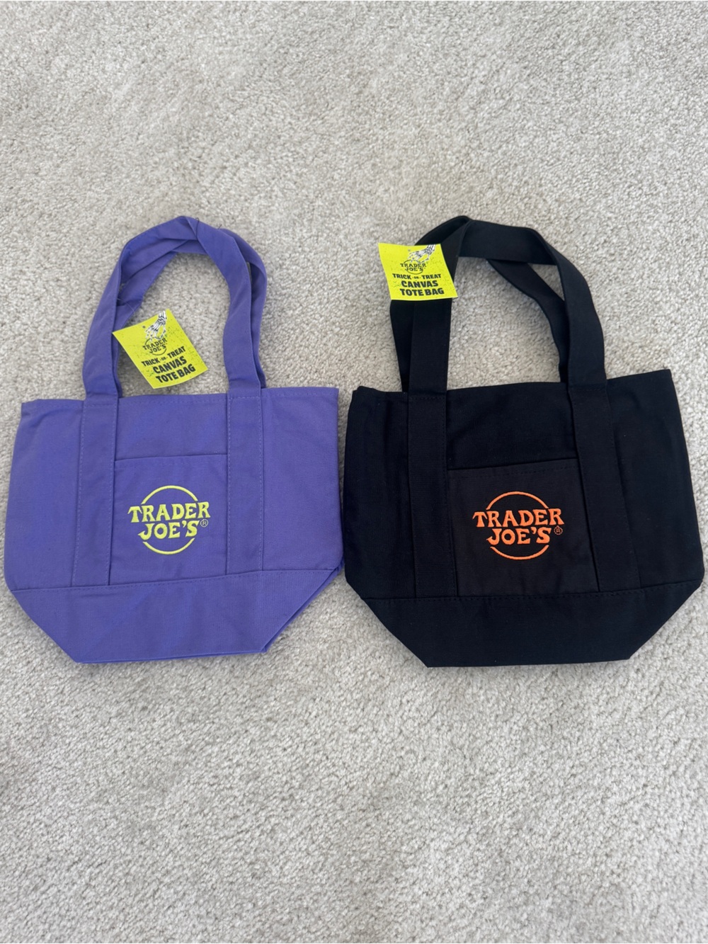 Trader Joe's Trick-or-Treat Mini Canvas Tote Bags (1) Purple & (1) Black - NWT
